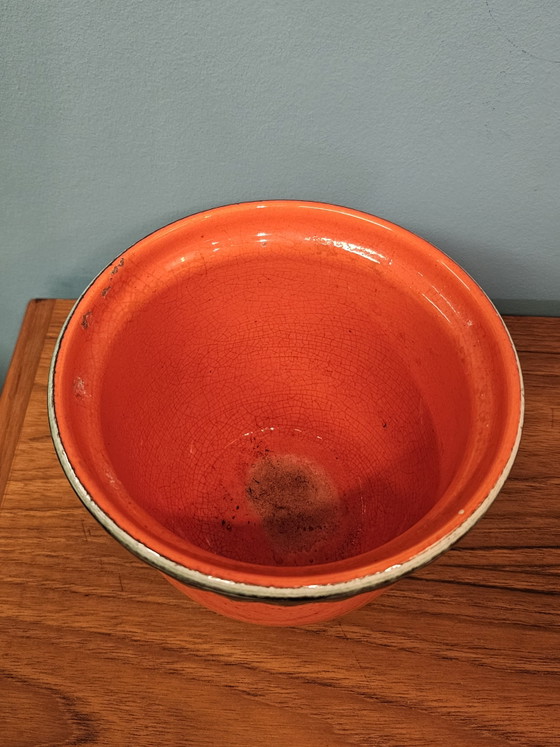 Image 1 of Large Vintage Orange Flowerpot Green Rim