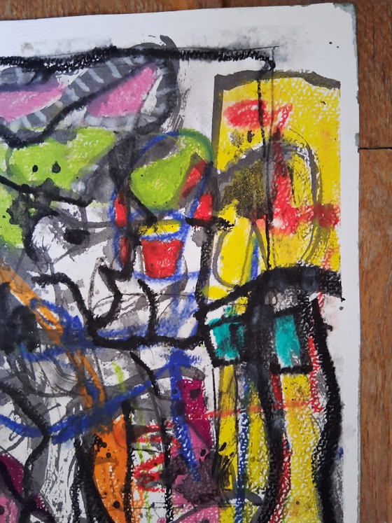 Image 1 of J'attrape un gros poisson, technique mixte avec encre et pastel à l'huile, art urbain