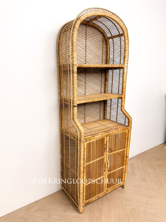 Image 1 of Vintage rattan wicker arched cabinet with doors