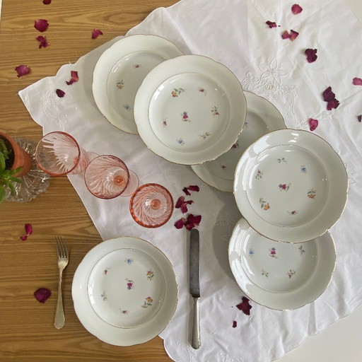 6 platos hondos antiguos de porcelana con flores y dorados, P L Limoges