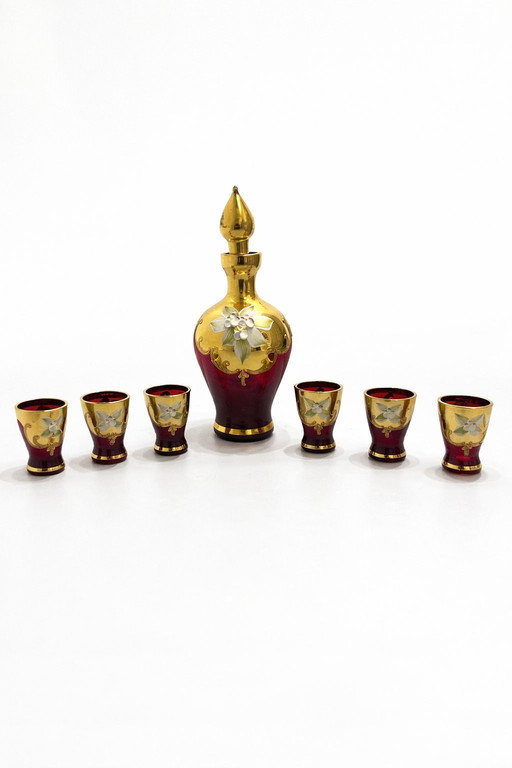 SIGNED MURANO "Tre Fuochi" Liqueur Set – Ruby Red & 24K Gold – Hand-Painted Flowers – 7 Pieces – Vintage Italy