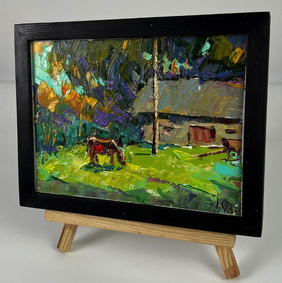 Image 1 of Peinture à l'huile originale représentant un paysage rural et une journée d'été au village