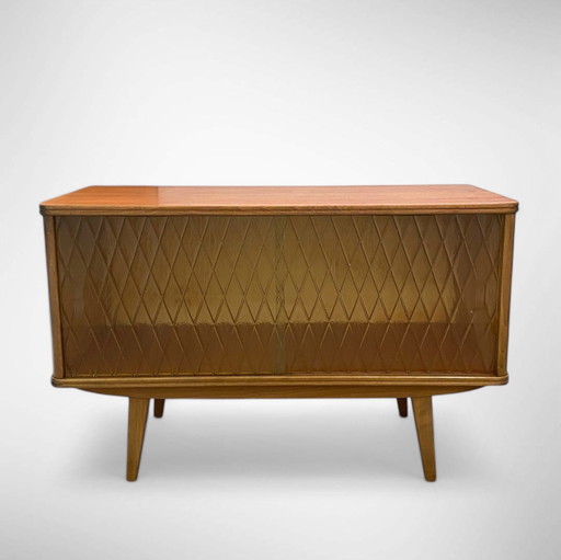 Vintage teak veneer cabinet with glass doors from Sweden