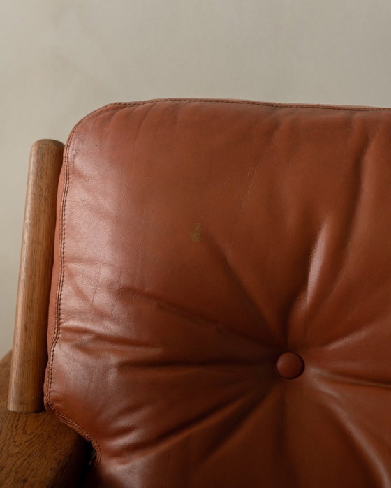 Image 1 of Poltrona lounge vintage Bonanza di Esko Pajamies per Asko, in rovere finlandese e pelle color cognac, anni '60.