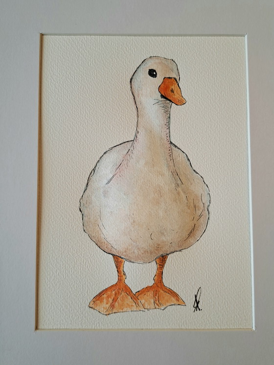 Image 1 of Watercolor painting Goose | Dark brown frame