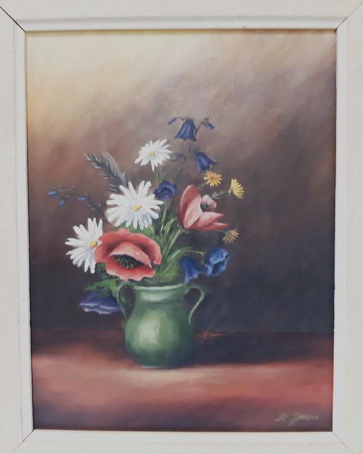 Dipinto originale d'epoca a olio su tela, vaso di fiori, firmato