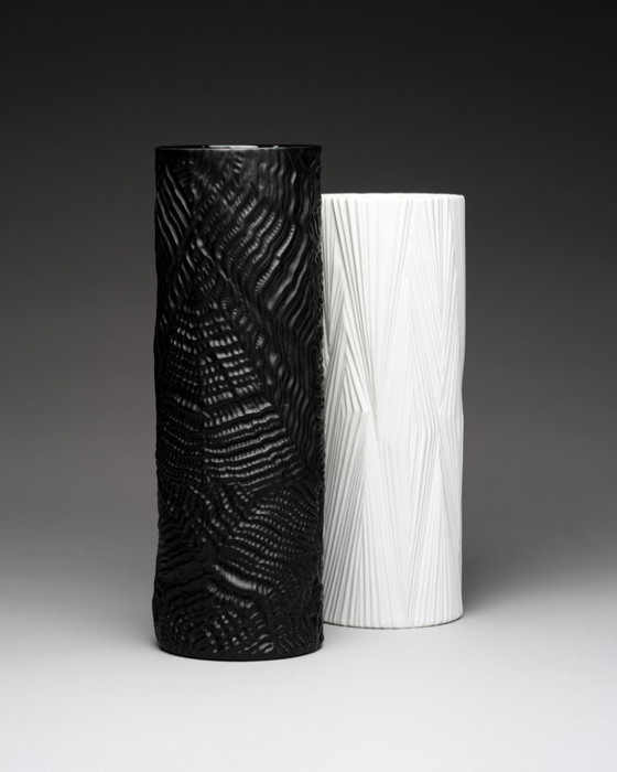 Image 1 of Rosenthal Vase Duo Martin Freyer Black & White Matte Porcelain Germany 1970s