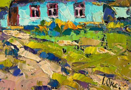 Image 1 of Original Oil Painting Day Village Landscape Village under summer