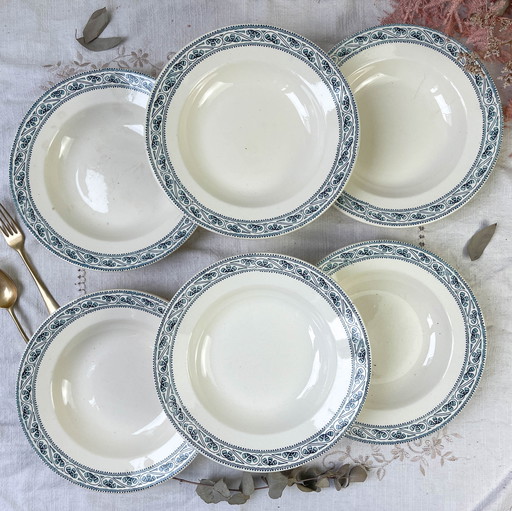 6 Boulenger Soup Plates Vintage Terre de Fer Bleu Model Champigny 19th century