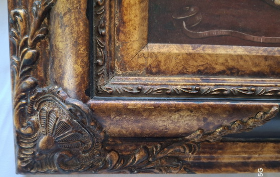 Image 1 of Antiek olieverfschilderij "Drie kittens in een mandje", olieverf op hout, gesigneerd Frey, sierlijke lijst.