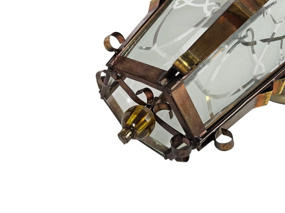 Image 1 of Art Déco - Lampada a sospensione a lanterna - ottone - vetro satinato