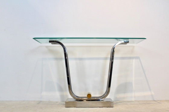 Console Minimaliste Courbée en Acier Inoxydable, Laiton et Verre, Doré (photo 7 sur 12)
