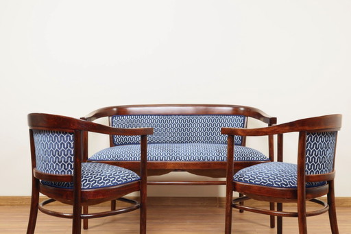 Art deco Thonet sofa and armchairs set blue geometric Jacquard