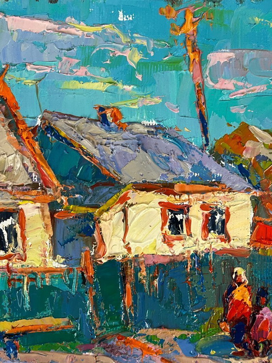 Image 1 of Original Oil Painting Rural Landscape Village A Walk along the Morning Street