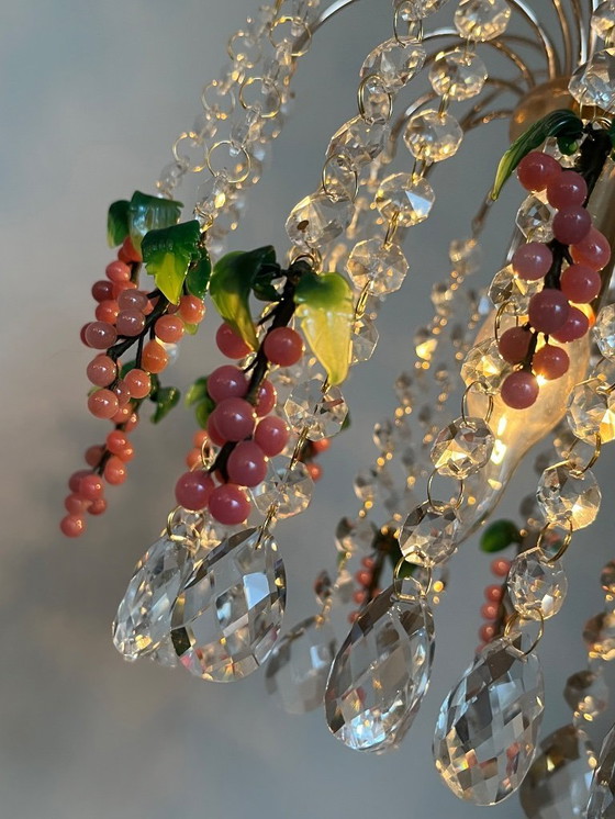 Image 1 of Set of 3 Vintage Pink Grapes Fruit Teardrop Chandelier From Murano