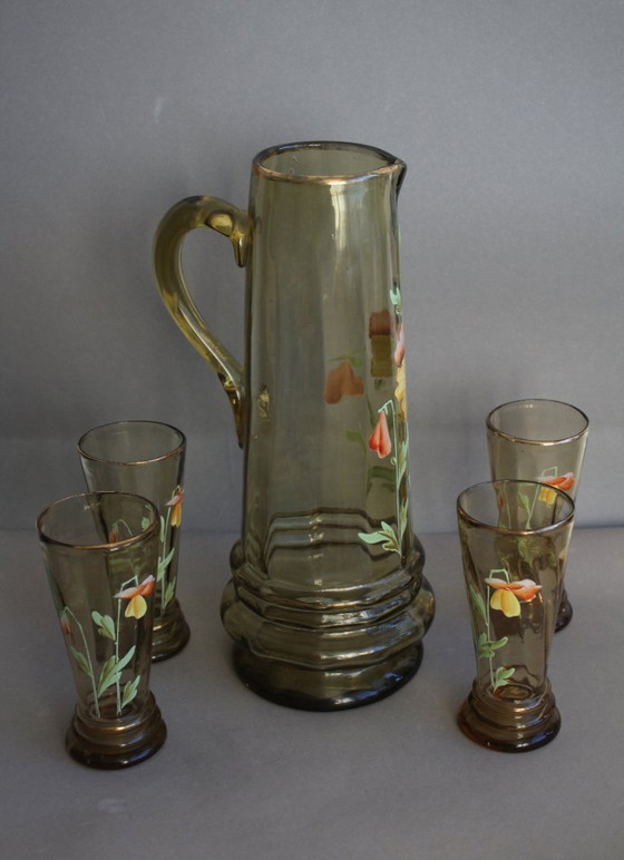 Image 1 of Antike hohe Bierkanne Krug grünes Glas Emailmalerei Blumen um 1900 mit 4 Gläsern