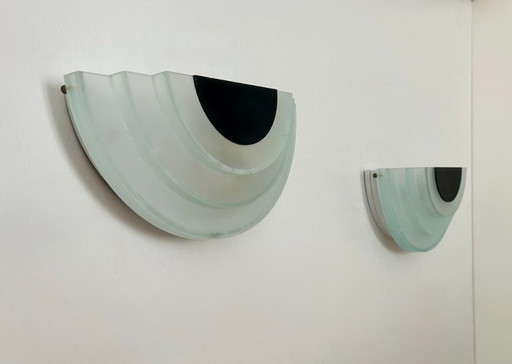 Pair of vintage wall lights, sandblasted perspex and black metal, Italy, 1980