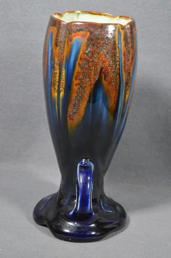 1920s Belgian Art Deco Thulin Model 1943 Blue Drip Glaze Ceramic Vase (photo 4 of 11)