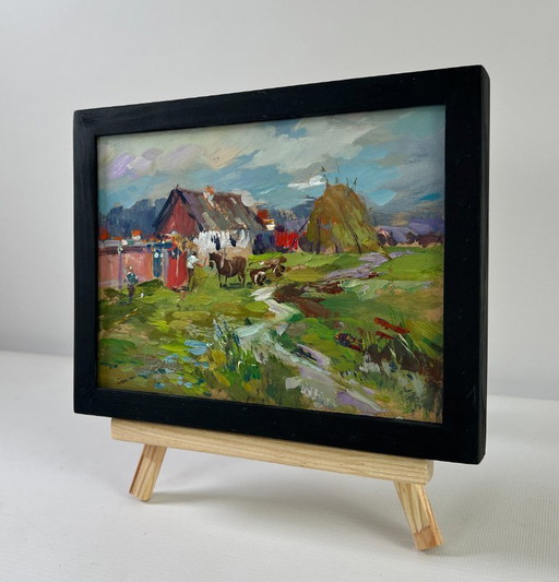 Original Oil Painting Summer Village Landscape Horses by the hay