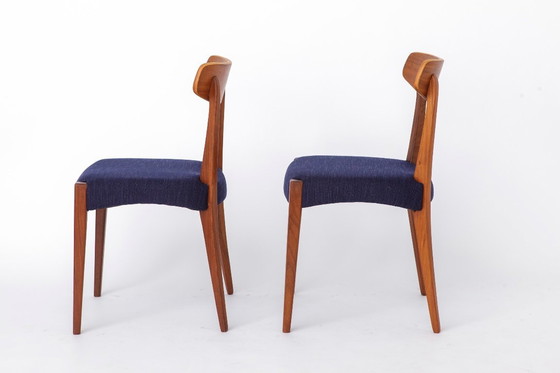 Image 1 of Set of 3 Danish Teak Chairs 1960s, Vintage Mid Century Dining Chairs, Dark Blue Upholstered Seats