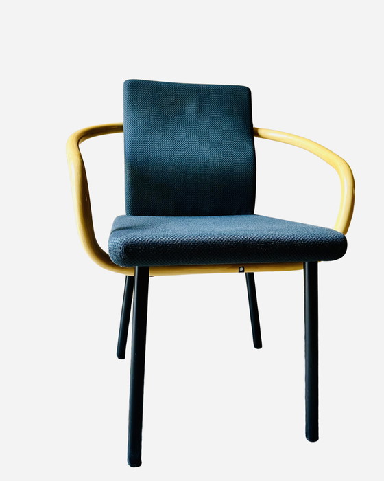 Image 1 of 4x Mandarin stoel van Ettore Sottsass voor Knoll, 1986 - Blauwe stof, armleuningen in bamboelook