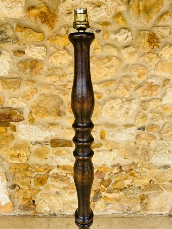 Image 1 of Mid-Century, Turned Wood, Bamboo Rattan Floor Lamp Circa 1950s