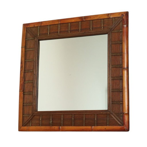 Vintage Square Bamboo and Rattan Mirror Boho 70cm