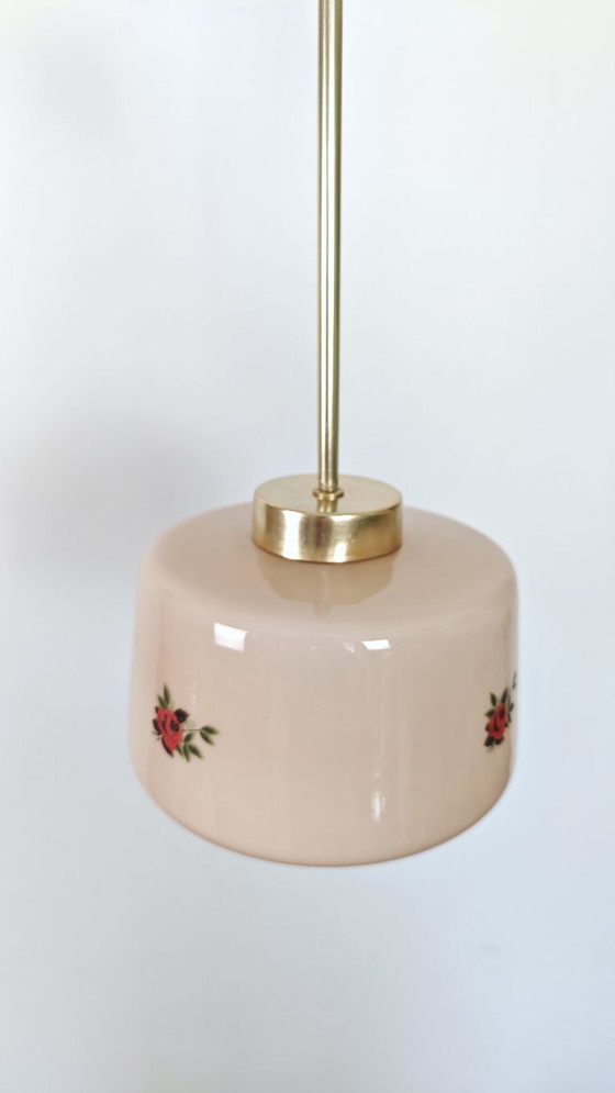 Vintage Pink Glass Pendant Light with Rose Floral Pattern & Brass Details, Pendant lamps, Metal (photo 4 of 9)