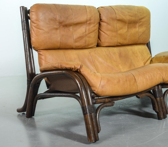 Image 1 of Brutalist Bentwood Love Seat Bamboo Sofa with Caramel Leather Upholstery, 1960s. 