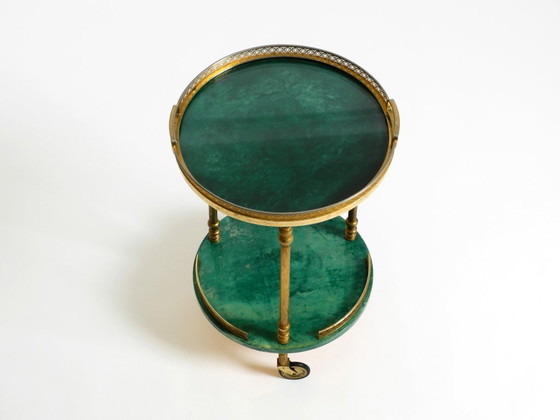 Image 1 of Round, small 1960s Aldo Tura serving or bar trolley in green goatskin leather | Made in Italy