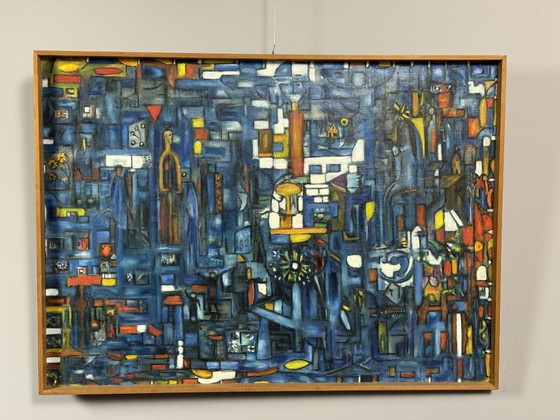 Image 1 of Blue Village Scene by W. Scheijgrond, acrylic on board, Netherlands (attributed), mid–late 20th century