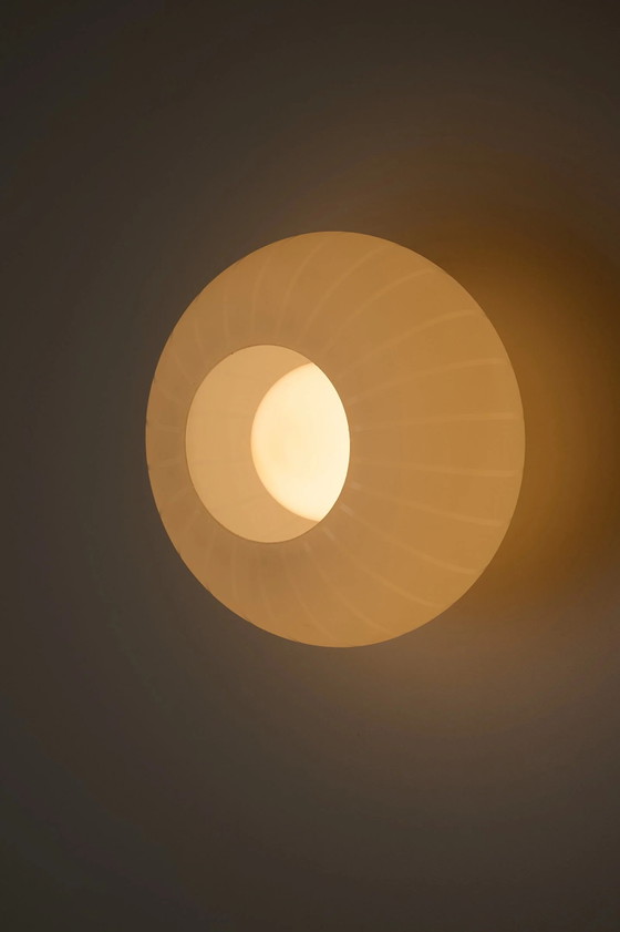 Medium Striped Opaline Glass Flush Mount Ceiling Light, Metal, White (photo 2 of 9)