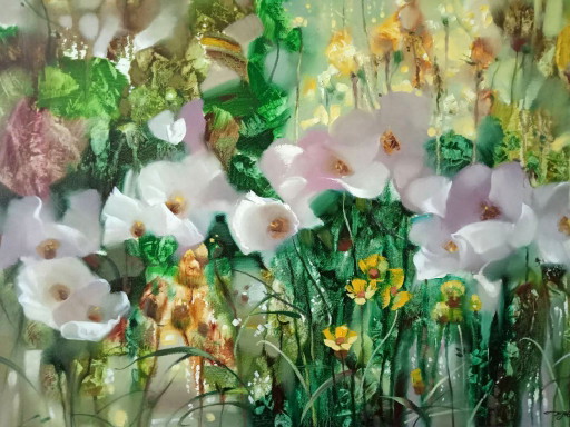 Original Oil Painting Abstract Expressionism Landscape Meadow Sunny Bouquet – schilderijen tekeningen, Canvas