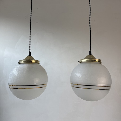 Paire d'Anciennes Suspensions Verre Granité Vintage