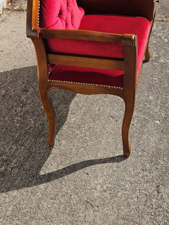 Image 1 of Vintage Franse telefoonbank - Rode fluwelen loveseat - Roddelbank - Stijl Louis XV - jaren 70