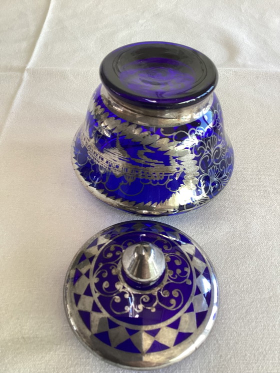 Image 1 of Zeldzaam Italiaans kobaltblauw glazen koffie- en likeurservies met zilverdecor – 21-delig – ca. 1950-1970