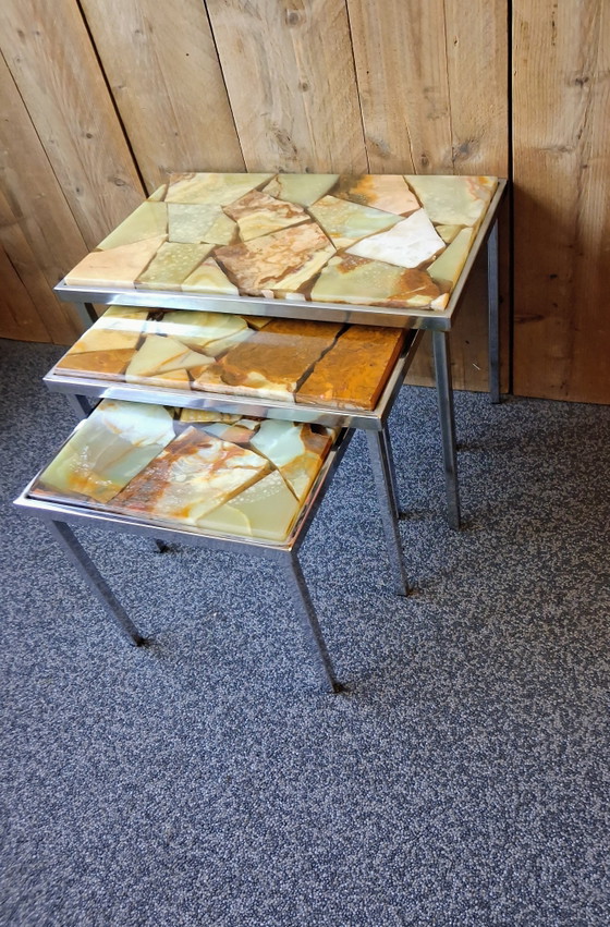 Image 1 of Vintage Onyx Marble nesting tables, Mimiset with Chrome Frame (1960s/1970s)