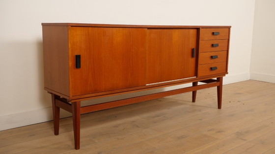 Wooden Sideboard with Sliding Doors and Drawers, Brown, Mid Century Modern (photo 2 of 9)