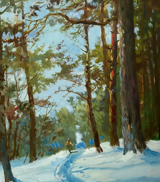 Image 1 of Original Oil Painting Winter Forest Landscape Walking through the snowy forest