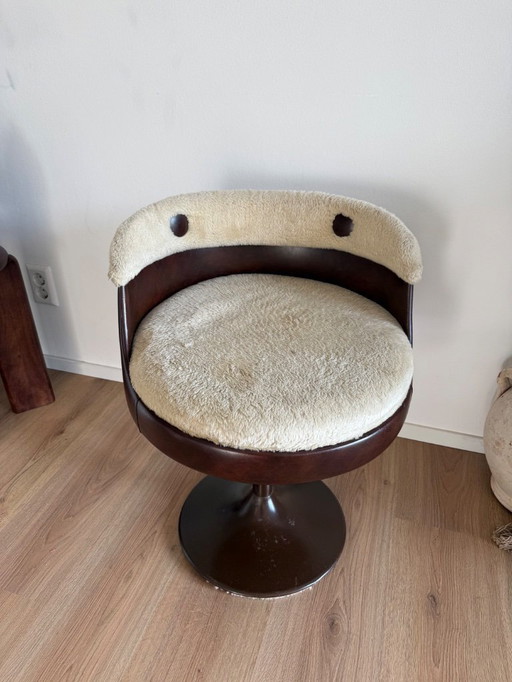 Fauteuil tulipe style futuriste années 1970, similicuir marron / bouclé