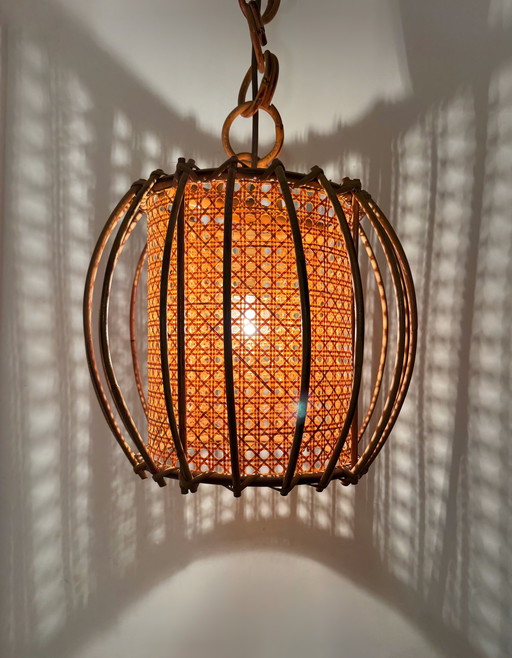 1960s rattan, bamboo, and cane pendant light