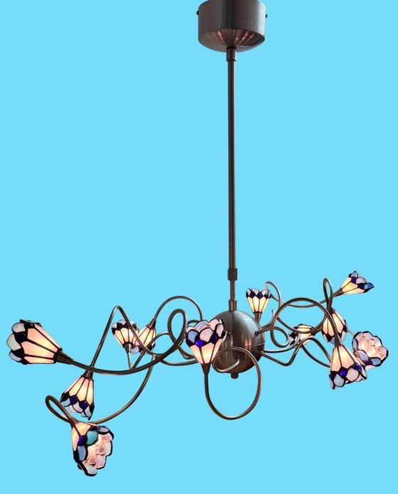 Image 1 of Lampada da soffitto di design a 12 luci con paralumi in vetro colorato | Altezza regolabile | Ottime condizioni