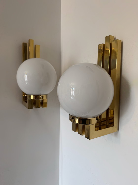 Image 1 of Opaline brass wall lights from the 1970s