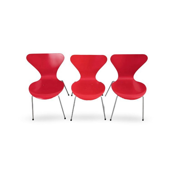 Set di 3 Sedie Originali Arne Jacobsen Serie 7 Fritz Hansen rosse, Sedie da camera, Legno, Rosso (foto 2 di 12)