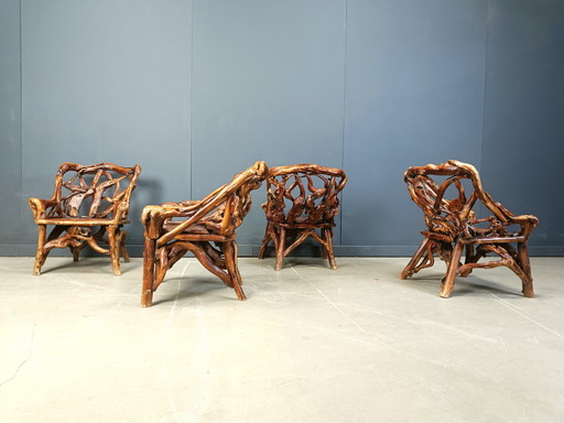 Rustic Wood and Knotted Root Armchairs, Set of 4 - 1960s