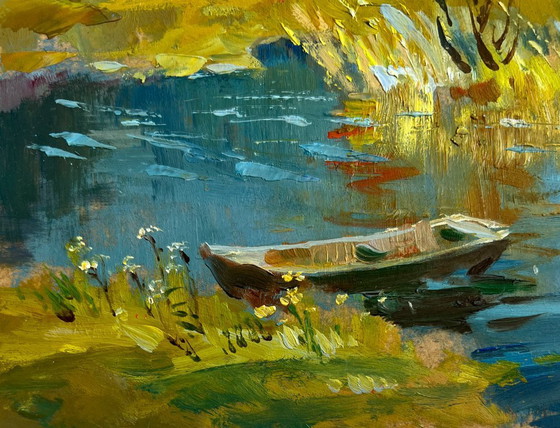 Image 1 of Original Oil Painting Autumn River Landscape River in golden foliage