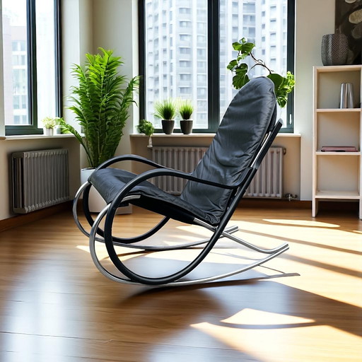 Paul Tuttle for Strässle Nonna rocking chair black chrome 1970s Switzerland