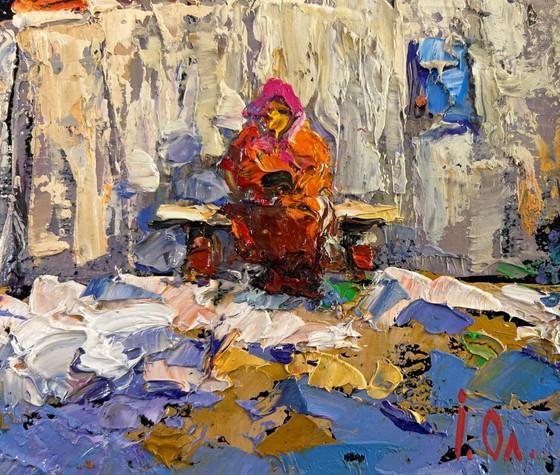 Image 1 of Original Oil Painting Winter Village Landscape Warm evening in grandma's house