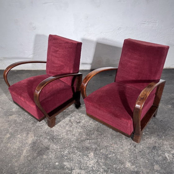Debreceni-stijl Hongaarse Art Deco Fauteuils, Paar, Jaren 50 – Velvet, Wood (photo 4 of 10)