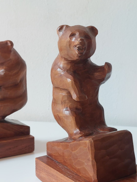 Image 1 of Paire de serre-livres anciens sculptés à la main, sculpture d'ours